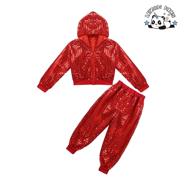 LEZONKIDS - Conjunto Personalizado de Top com Capuz e Calças com Lantejoulas para Meninas Camisa Esportiva Colorida para Festa de Dança de Verão